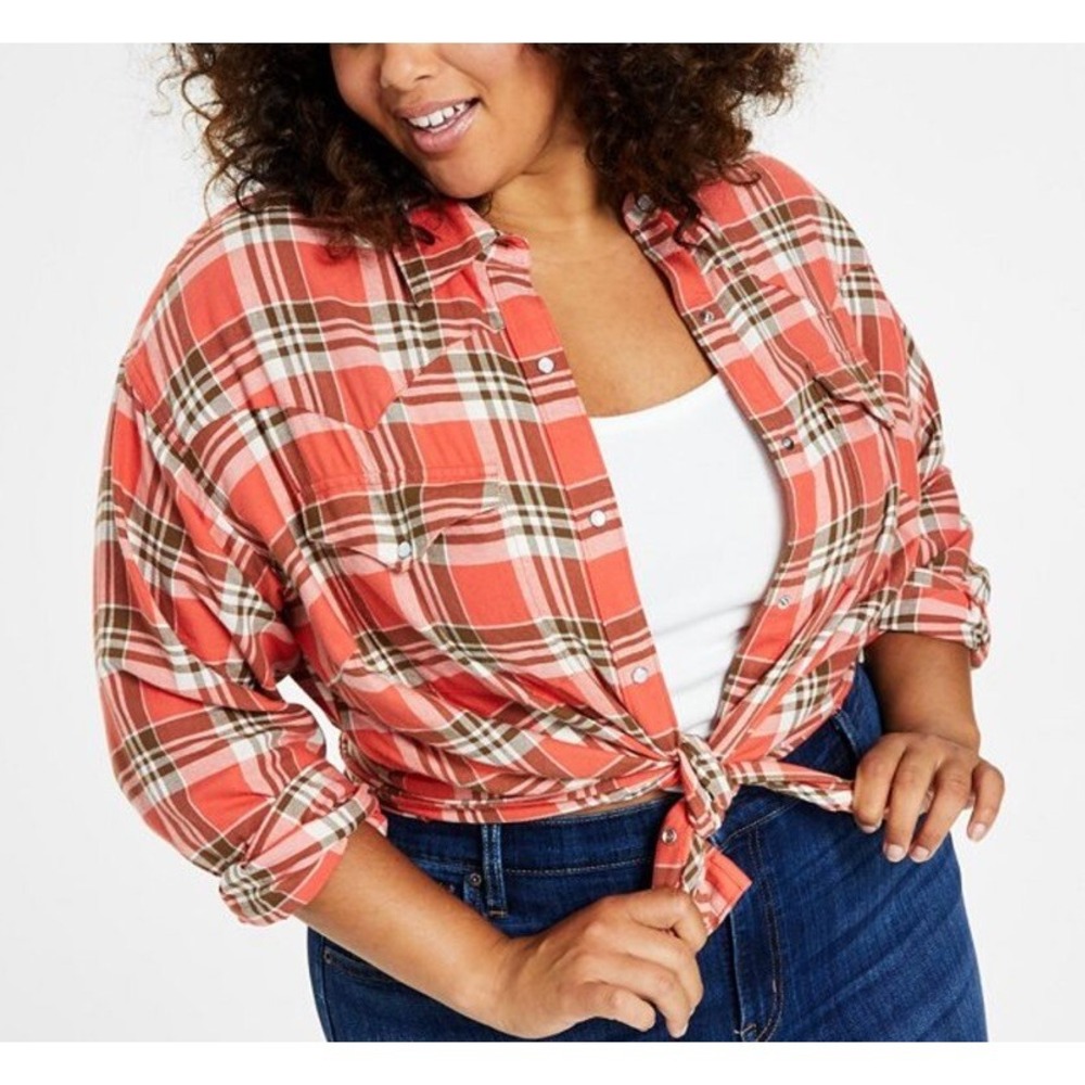 Levis Dylan Womens L Oversized Flannel Western Shirt Plaid Pearl Snap Button NWT